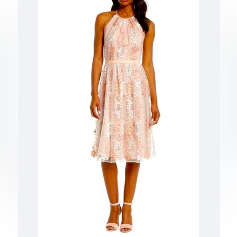 Pink Floral Lace Halter Midi Dress